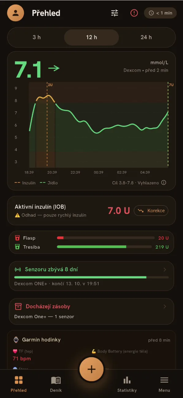 Hlavní obrazovka aplikace GlucoBite